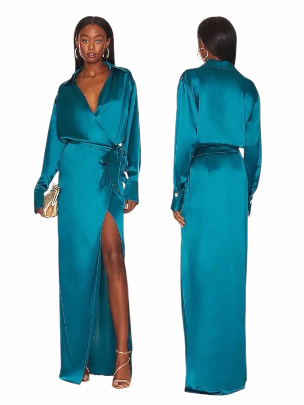 NONchalant Dallas Maxi Teal Satin Wrap Dress